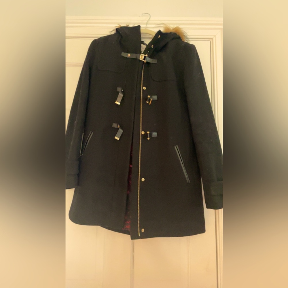 Cole Haan Hooded Faux Fur Trim Duffle Coat in black size 2